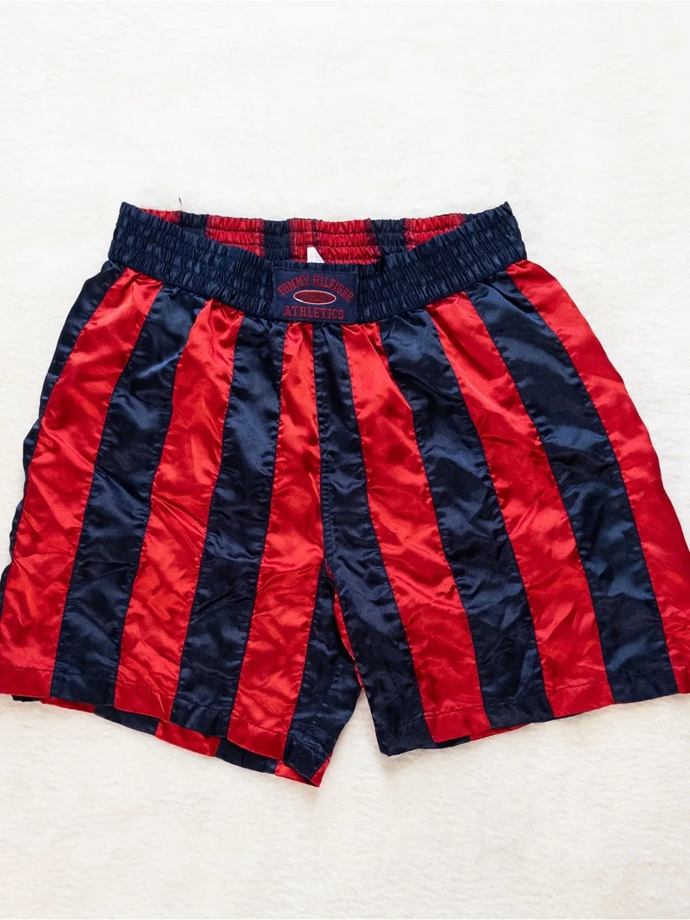 Vintage Tommy Hilfiger Athletics Satin Boxing Shorts Red Navy Striped Size L